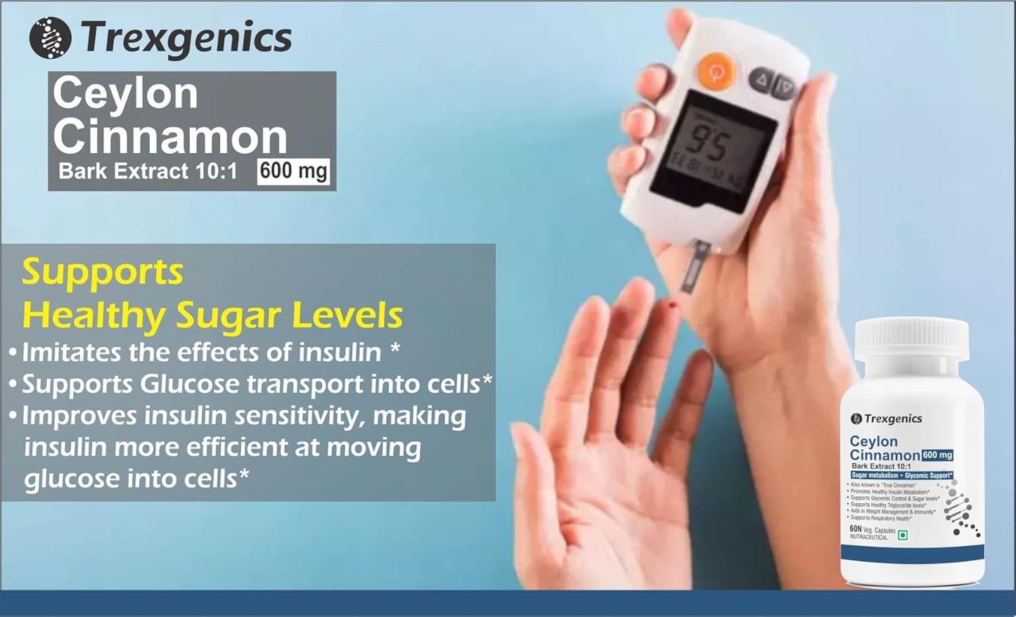 Hand holding a glucose meter with Trexgenics Ceylon Cinnamon product displayed on a blue background