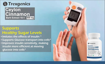 Hand holding a glucose meter with Trexgenics Ceylon Cinnamon product displayed on a blue background