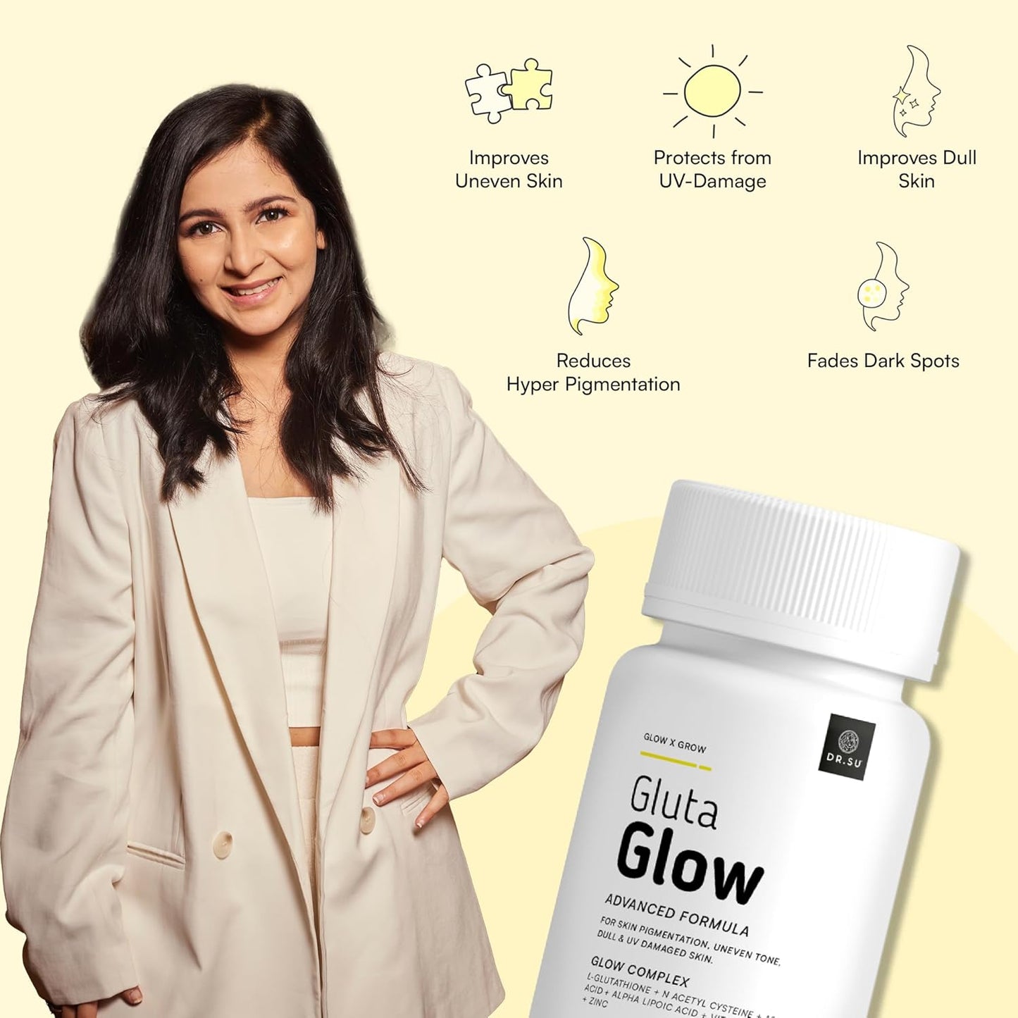 Dr. Su Gluta Glow Supplement | 500mg L-Glutathione with Vitamin C, E, Zinc, Selenium & NAC | For Pigmentation, Dull & UV-Damaged Skin | 2 Tablets/Day | 60 Capsules | Unisex | Skin Radiance Support