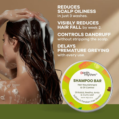 Earth Rhythm Shikakai Shampoo Bar for Hairfall | Contains Shikakai, Curry Leaf, Reeta & Amla Extracts | Men & Women | Sulphate & Paraben Free (Tin Packaging) - 80gm