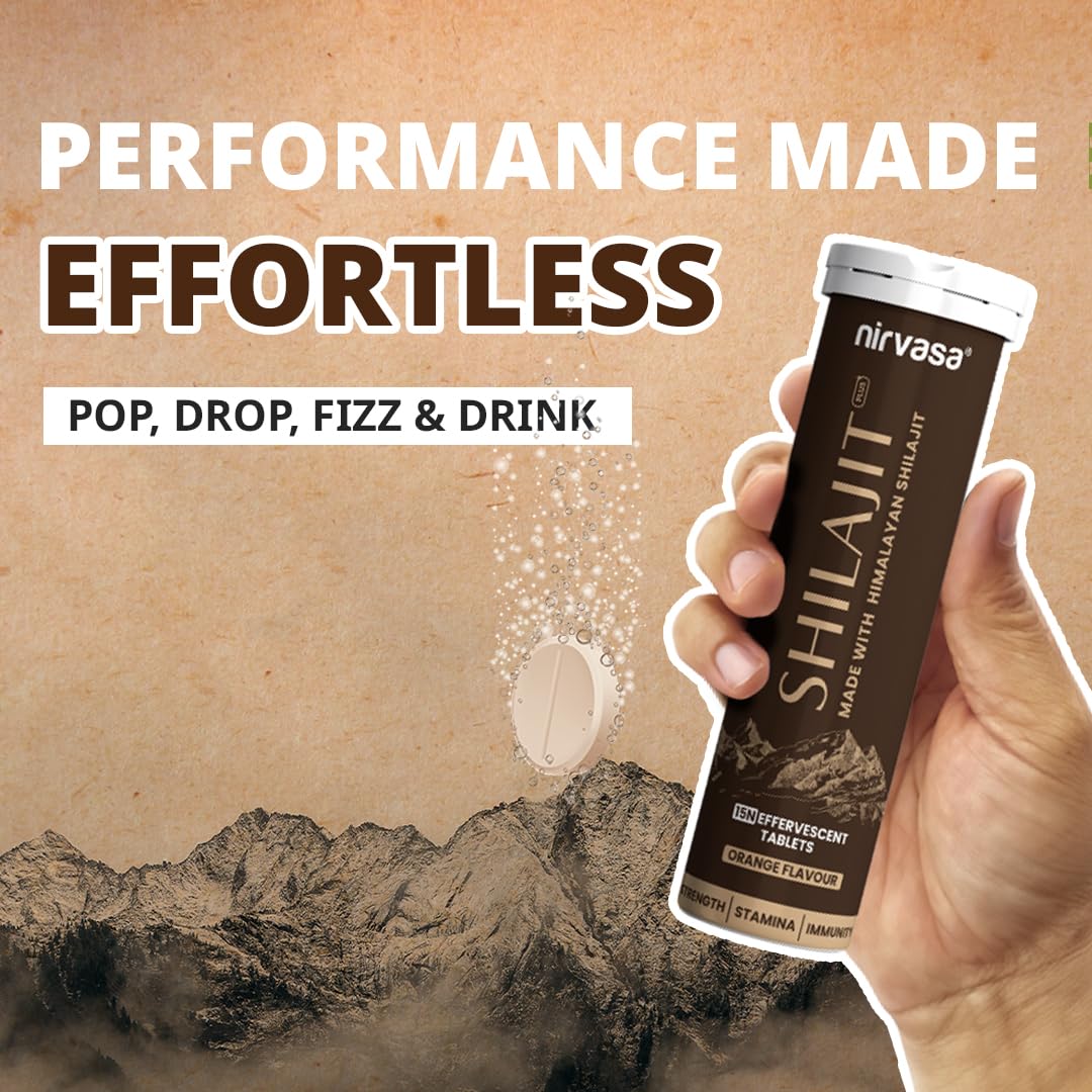 Nirvasa Shilajit Plus Effervescent Tablets (15 Tab) | Boosts Strength, Stamina, Energy & Performance | Supports Muscle Recovery, Endurance & Vitality | with 5 Powerful Herbs | Orange Flavour