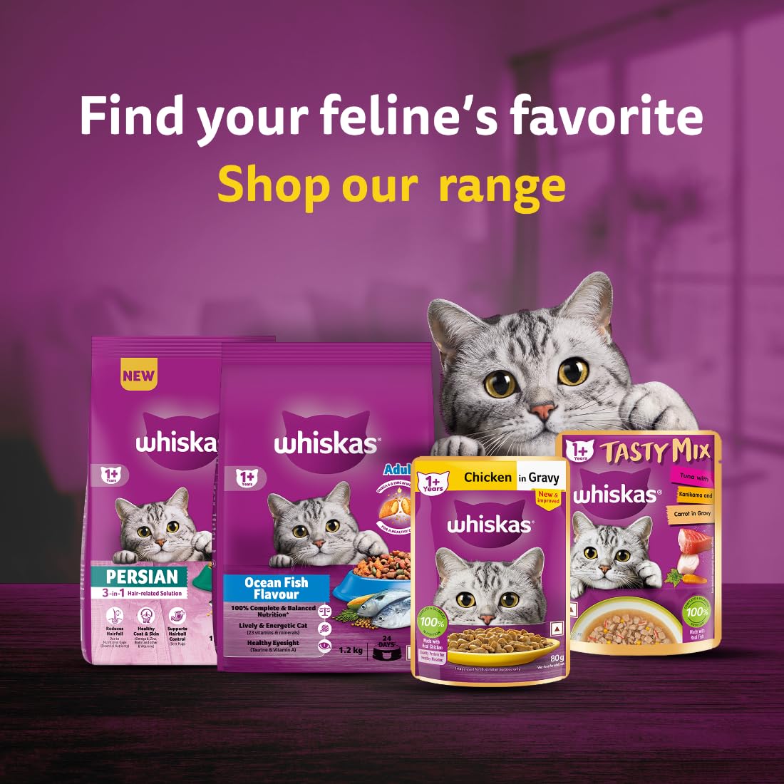 Whiskas Tasty Mix Adult (1+ Year) Wet Cat Food, Chicken with Tuna and Carrot in Gravy, 70 g, Cat Food Made with Real Fish, Complete & Balanced Nutrition for Adult Cats