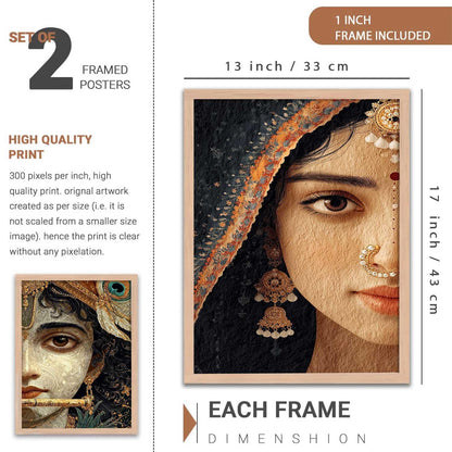 Set of 2 Framed Wall Art Prints, Premium HD Modern Wall Decor for Living Room, Bedroom, Office & Home, Abstract, Spiritual, Floral, Nature, Botanical & Boho Artwork, Ready to Hang (Radha krishna 1, 13X19, Brown)