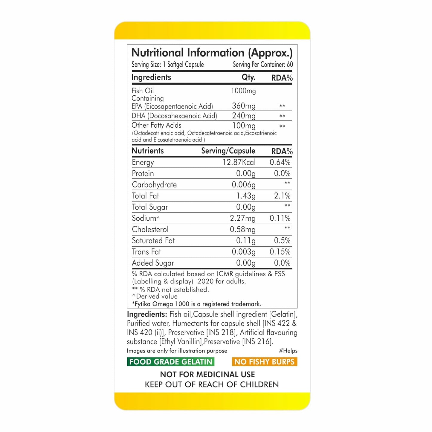 Nutritional information label on a supplement container with yellow border