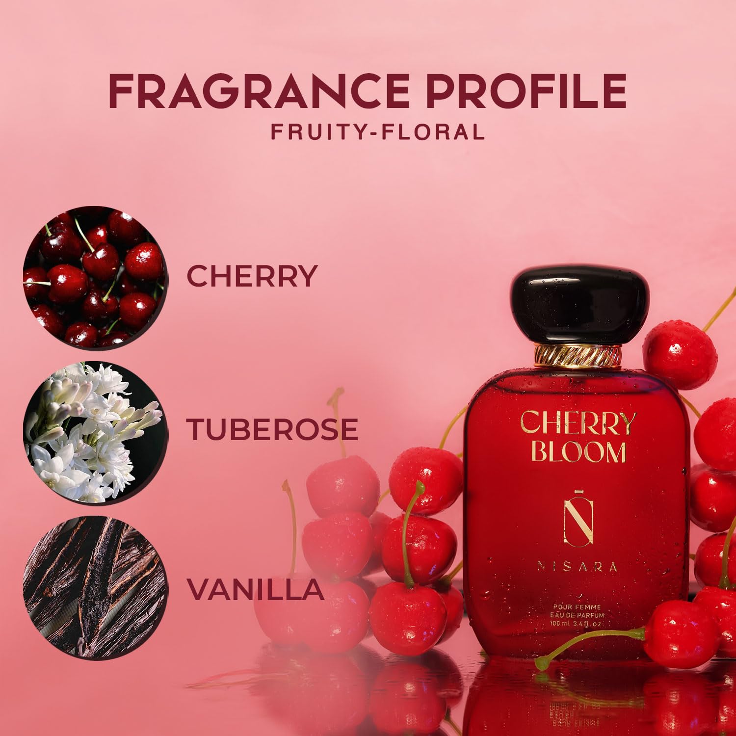Red perfume bottle labeled 'Cherry Bloom' by Nisara with cherry and tuberose images on a pink background.
