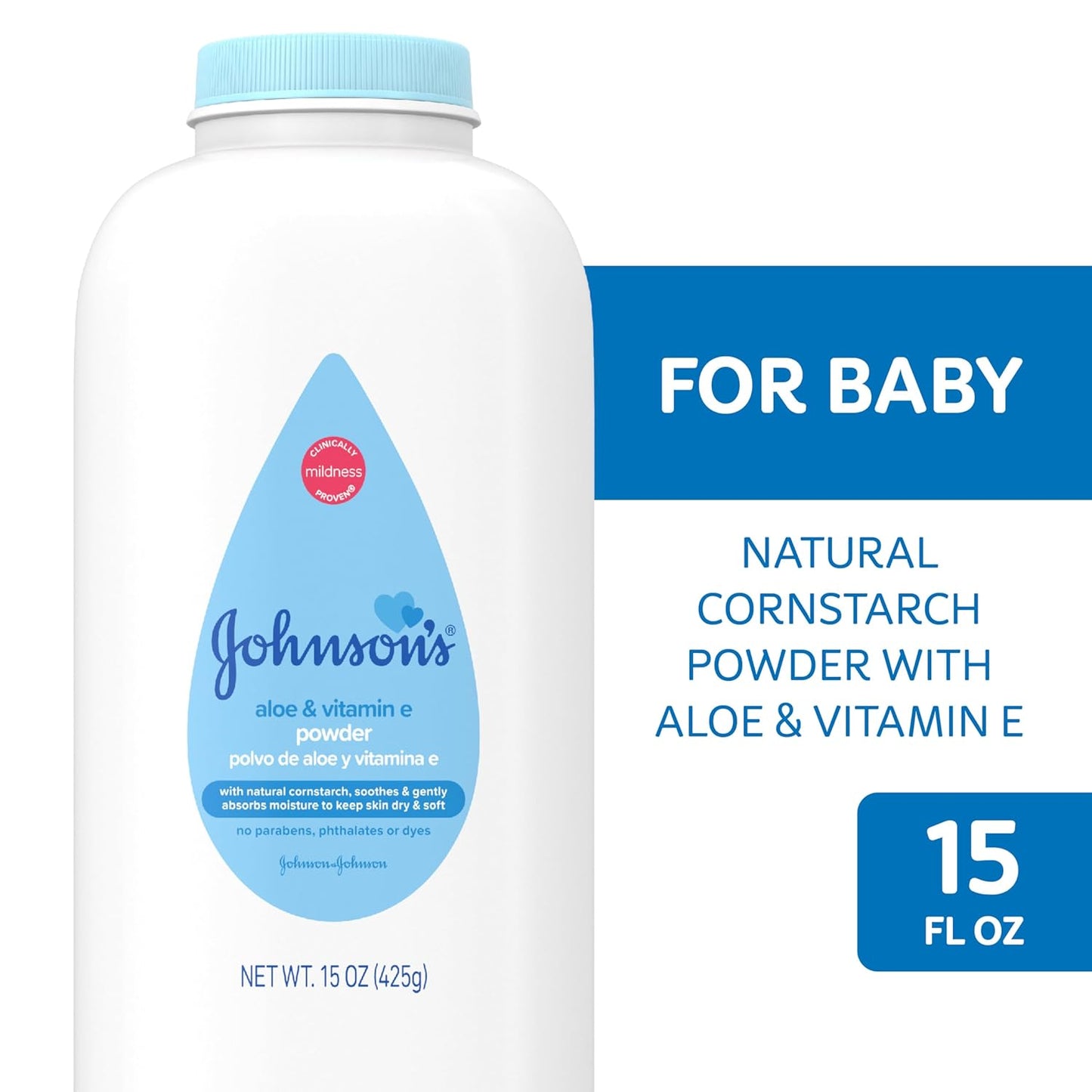 Johnson's Baby Powder Pure Cornstarch with Aloe & Vitamin E 15 Ounce (425 g)