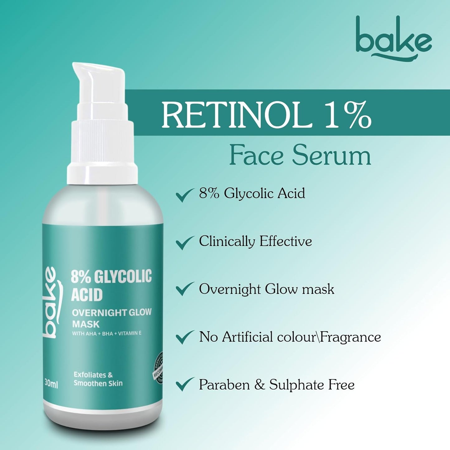 BAKE 8% Glycolic Acid Serum with AHA BHA & Lactic Acid | Improve Uneven Skin Tone, Pigmentation Solution, Unclogs Pores, Reduces Blackheads | Overnight Peeling Serum | For Women & Men | 30ml