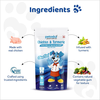 Petoska Dog Dental Sticks – Chicken & Turmeric Flavor, Anti-Bacterial Oral Care Chews for Dogs, Improves Gum Health, Reduces Tartar, Daily Dental Treats for All Breeds