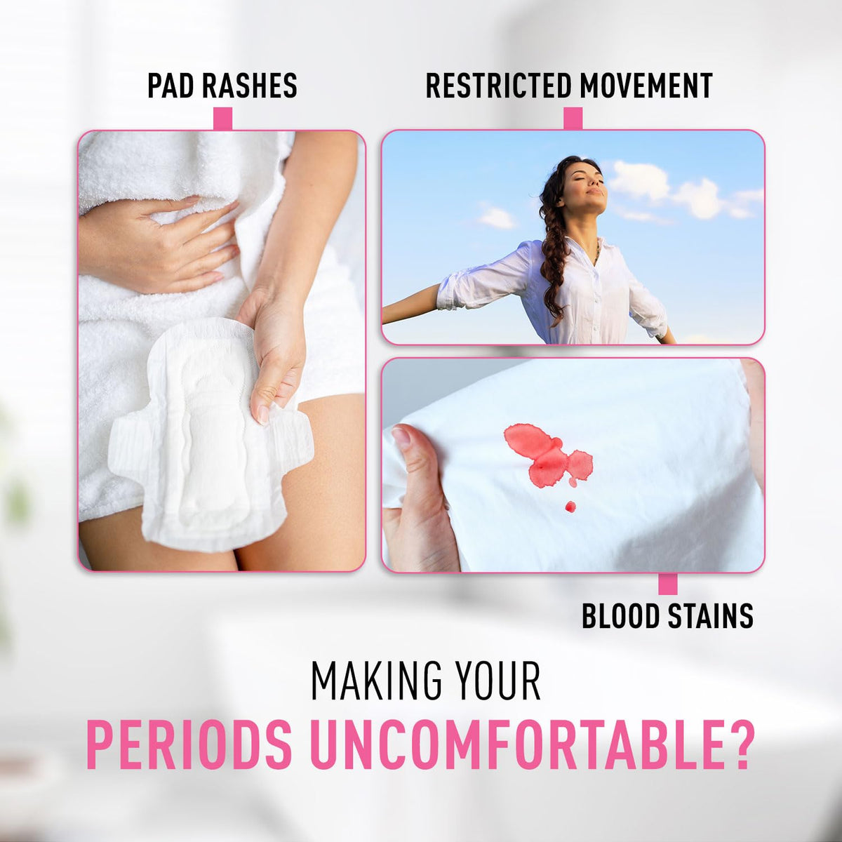 Diagram showing discomforts during periods with text and images.