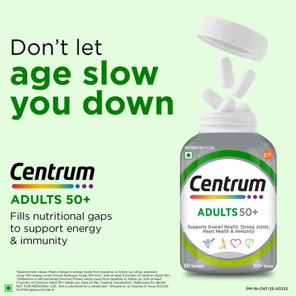 Centrum Adults 50+ Multivitamin Tablet for Men & Women|With 23 Vital Nutrients including Zinc,Magnesium, Vitamin B,C,D, Calcium for Energy, Strong Joints, Immunity and Heart Health|Veg - 50 tablets