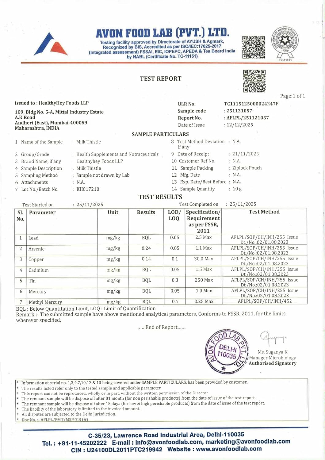 Avon Food Lab test report with various certifications and logos.