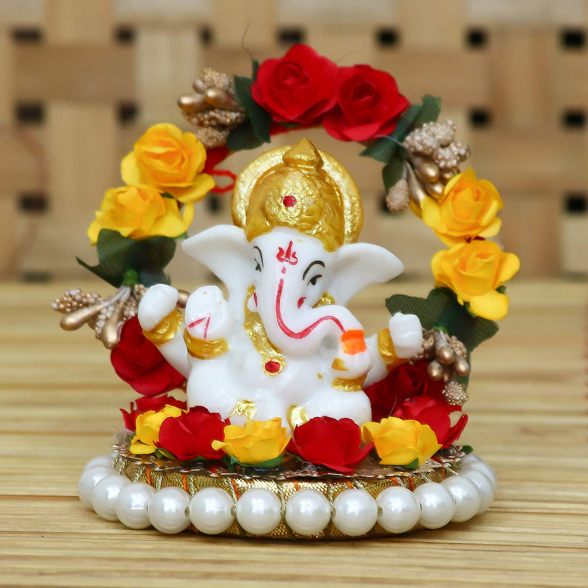 Resin Lord Ganesha Idol On Decorative Rose Flower Plate- Ganesha Idol for Home Decor Car Dashboard- Ganesha Statue- Ganesh Murti- Ganpati Murti God Statue Gift for Diwali Housewarming