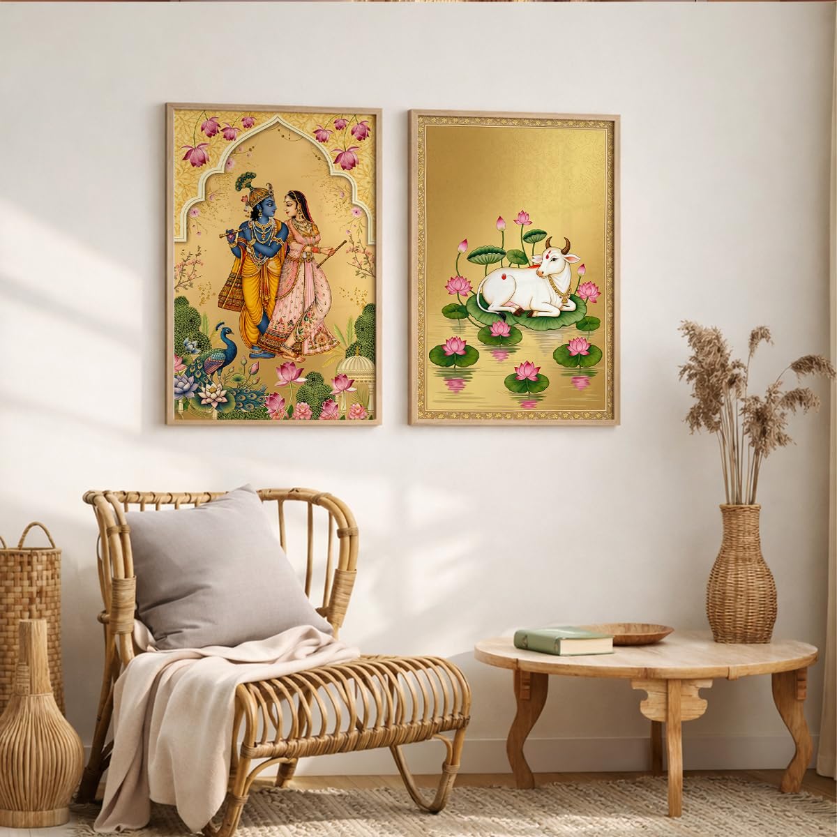 Pichwai Radha Krishna Nandi Cow Gold Wall Art Painting | Set of 2 Framed Paintings | Traditional Indian Decor for Living Room Pooja Room Bedroom | (ART 8, 13x19 INCHES)
