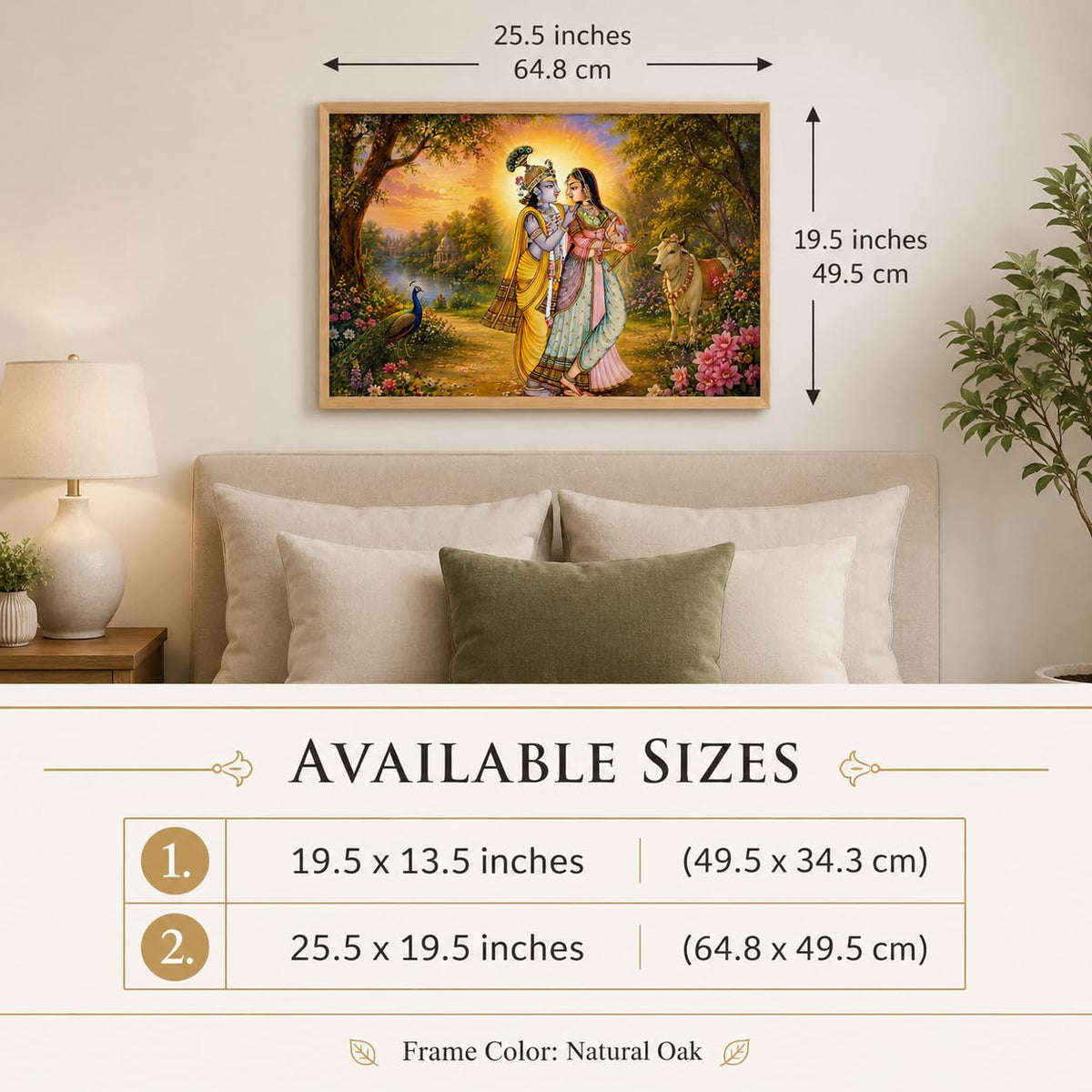 Radha Krishna Garden Vastu Wall Painting for Living Room Bedroom Hall Office Decor, Devotional Peacock Cow Artwork, Premium Wooden Synthetic Frame (13.5 x 19.5 Inch) NM01-V-166
