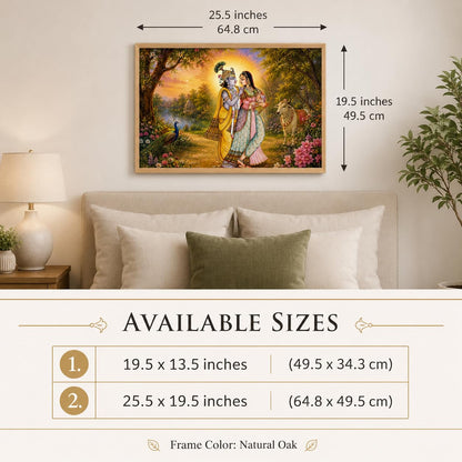 Radha Krishna Garden Vastu Wall Painting for Living Room Bedroom Hall Office Decor, Devotional Peacock Cow Artwork, Premium Wooden Synthetic Frame (13.5 x 19.5 Inch) NM01-V-166