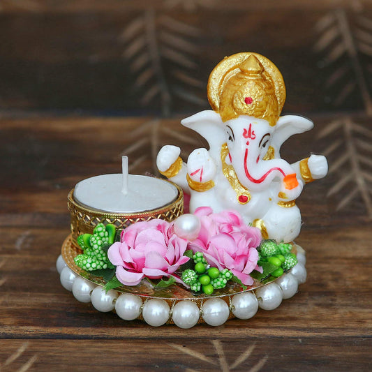 Resin Lord Ganesha Idol on Floral Decorative Plate Tea Light Candle Holder|Ganpati Murti Tea Light Holder Diwali Decoration Item for Home Decor Office|Gift for Diwali Housewarming Birthday