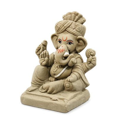 SHOPMEFAST Clay Ganesh Idol, 4 Inches Height, Water Soluble Ganpati Murti for Ganpati Visarjan (Small) (Natural Brown - Pagri Ganesha)