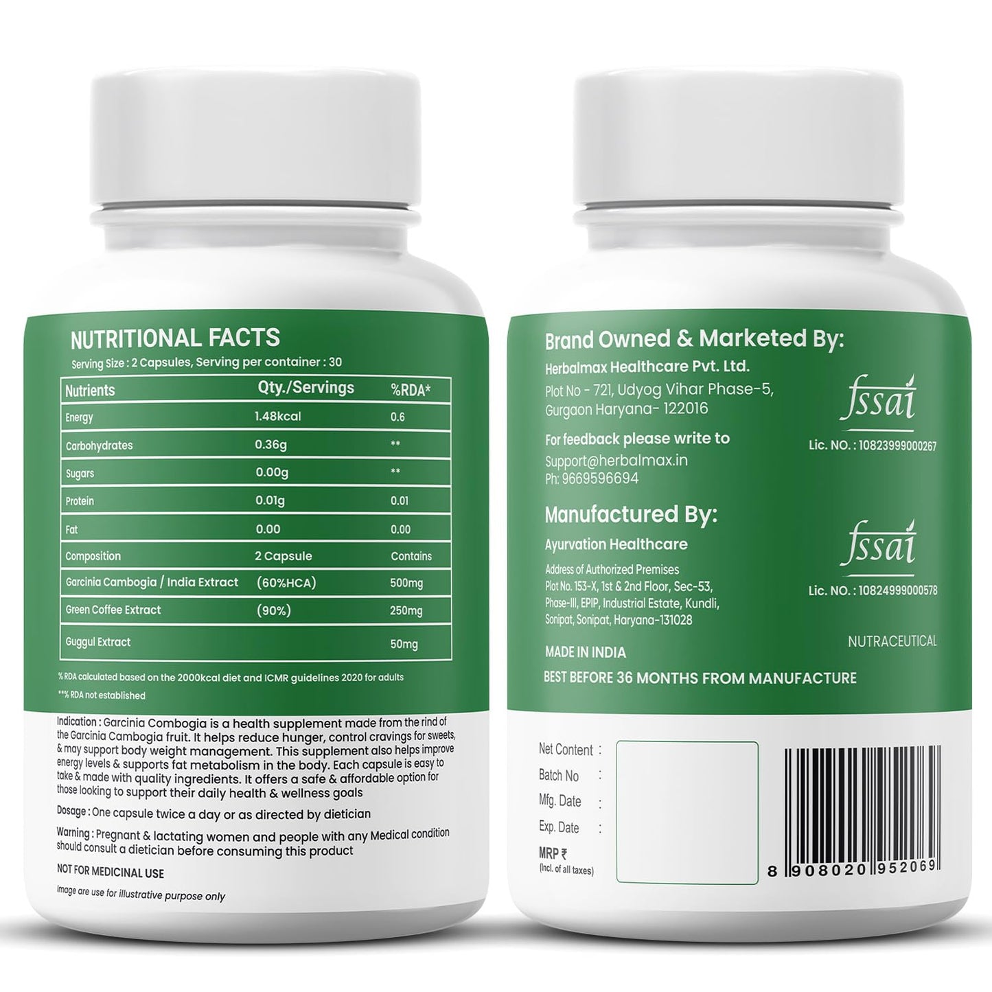 Herbal Max Garcinia Cambogia Capsules – 60 Veg Capsules | 60% HCA & Green Tea Extract | Supports Weight Management, Fat Burning, Digestion & Metabolism