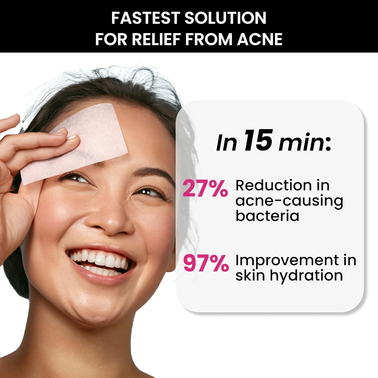 Woman applying a face mask with text about fast relief from acne and skin improvement.