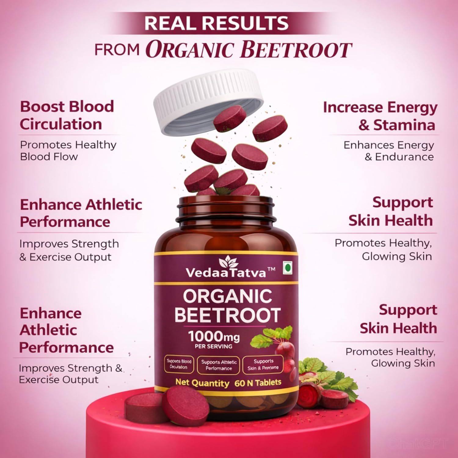 Vedaa Tatva Organic Beetroot supplement bottle with tablets on a pink background