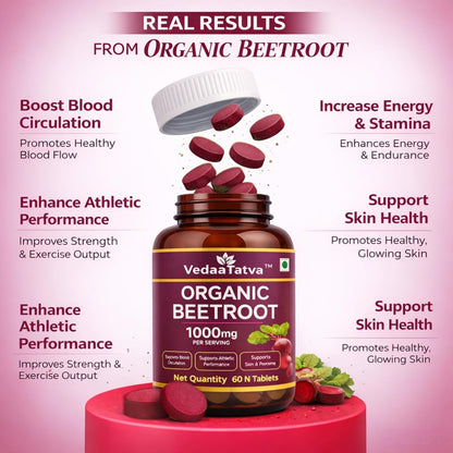 Vedaa Tatva Organic Beetroot supplement bottle with tablets on a pink background