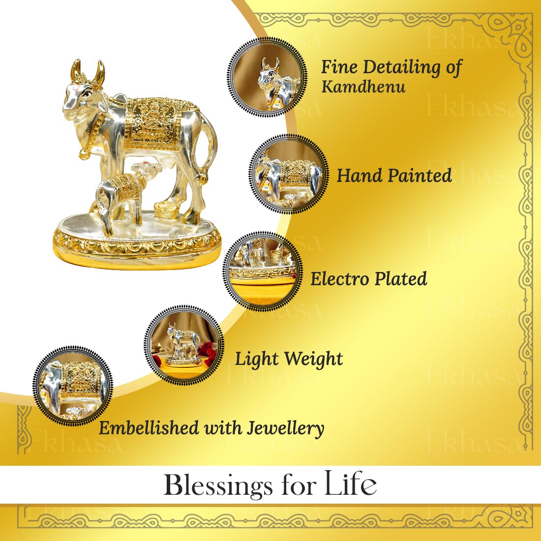24 Carat Gold and 999 Silver Plated Kamdhenu Cow with Calf Vastu Idol | Gomatha Statue for Pooja | Silver Cow Calf Idol for Home Decor, Feng Shui, Good Luck, Gift for Griha Pravesh Ceremony