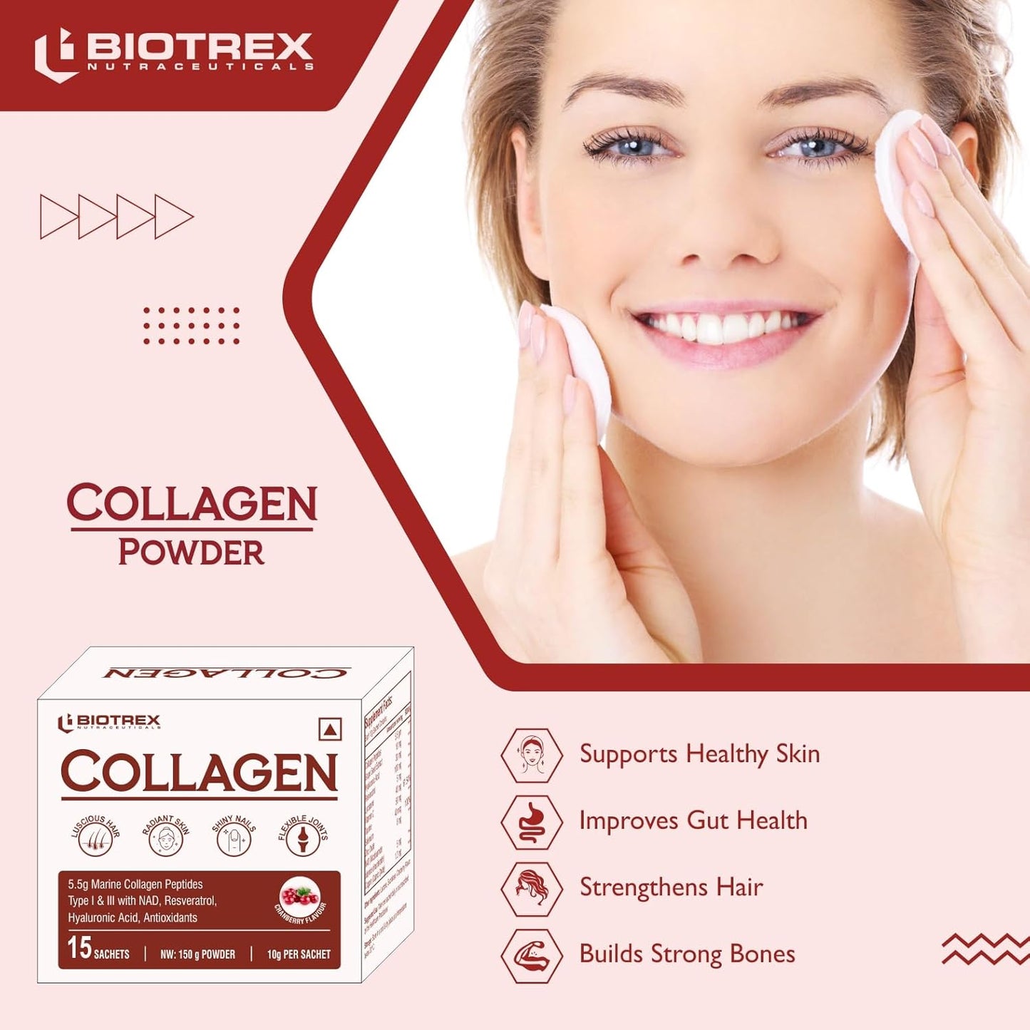 Biotrex Nutraceuticals Collagen Powder Supplement - 15 Sachets For Men & Women, Marine Collagen Powder Supports Healthy Skin, Luscious Hair, Flexible Joints, Shiny Nails, Cranberry Flavour
