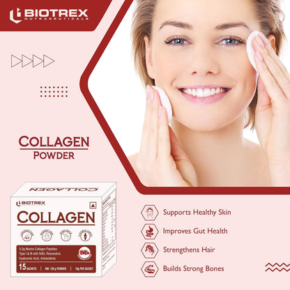 Biotrex Nutraceuticals Collagen Powder Supplement - 15 Sachets For Men & Women, Marine Collagen Powder Supports Healthy Skin, Luscious Hair, Flexible Joints, Shiny Nails, Cranberry Flavour