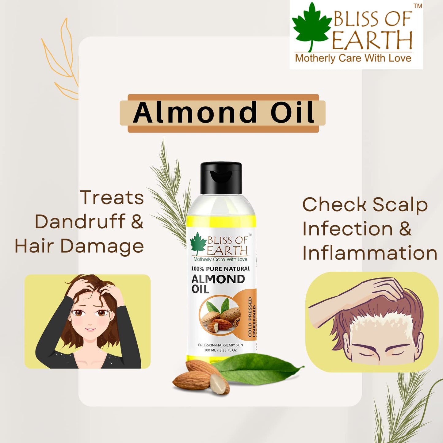 Bliss of Earth� 100% Pure & Natural Sweet Almond Oil (Coldpressed & Unrefined) Extracted From Whole Almond Kernels (100ML)