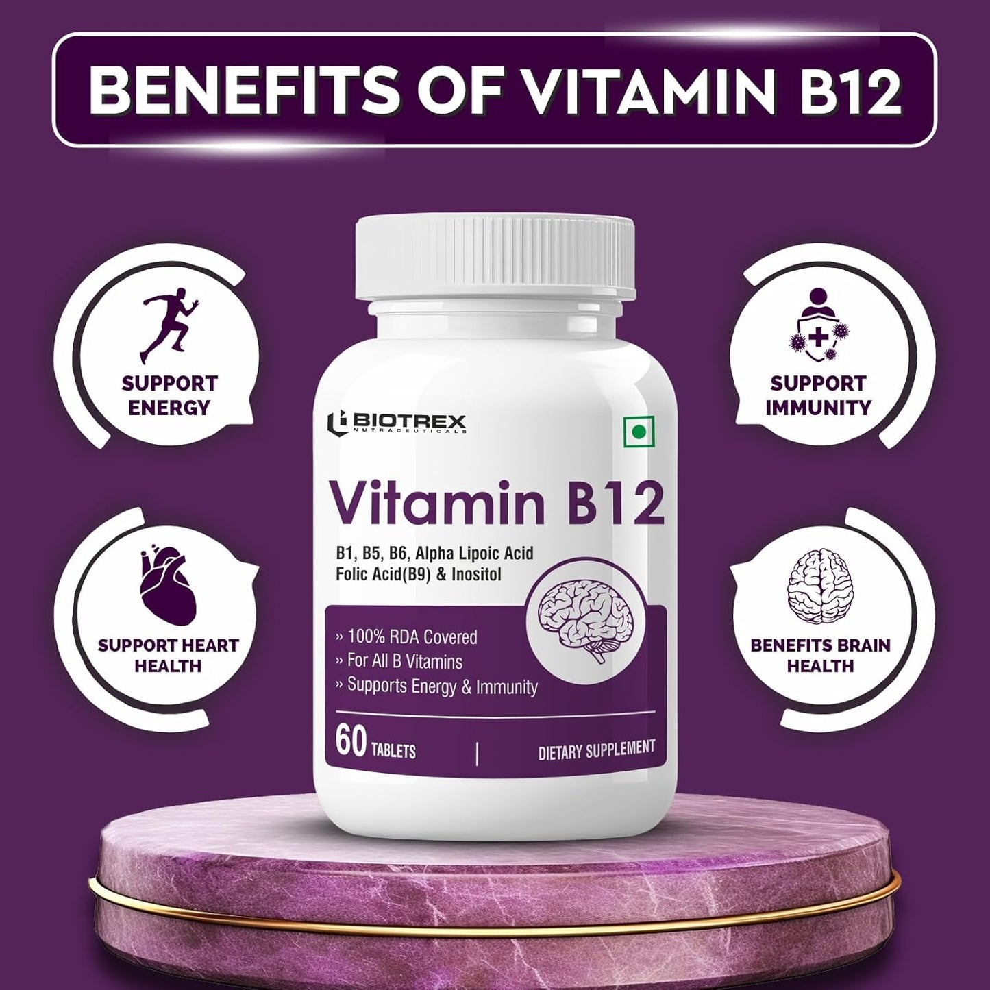 Biotrex Nutraceuticals Vitamin B12 With B1, B5, B6, B9(Folic Acid), Alpha Lipoic Acid ALA & Inositol Supplements | Energy Management | Antioxidant | 60 Tablets