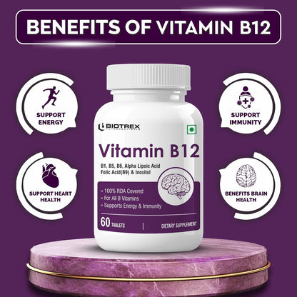 Biotrex Nutraceuticals Vitamin B12 With B1, B5, B6, B9(Folic Acid), Alpha Lipoic Acid ALA & Inositol Supplements | Energy Management | Antioxidant | 60 Tablets