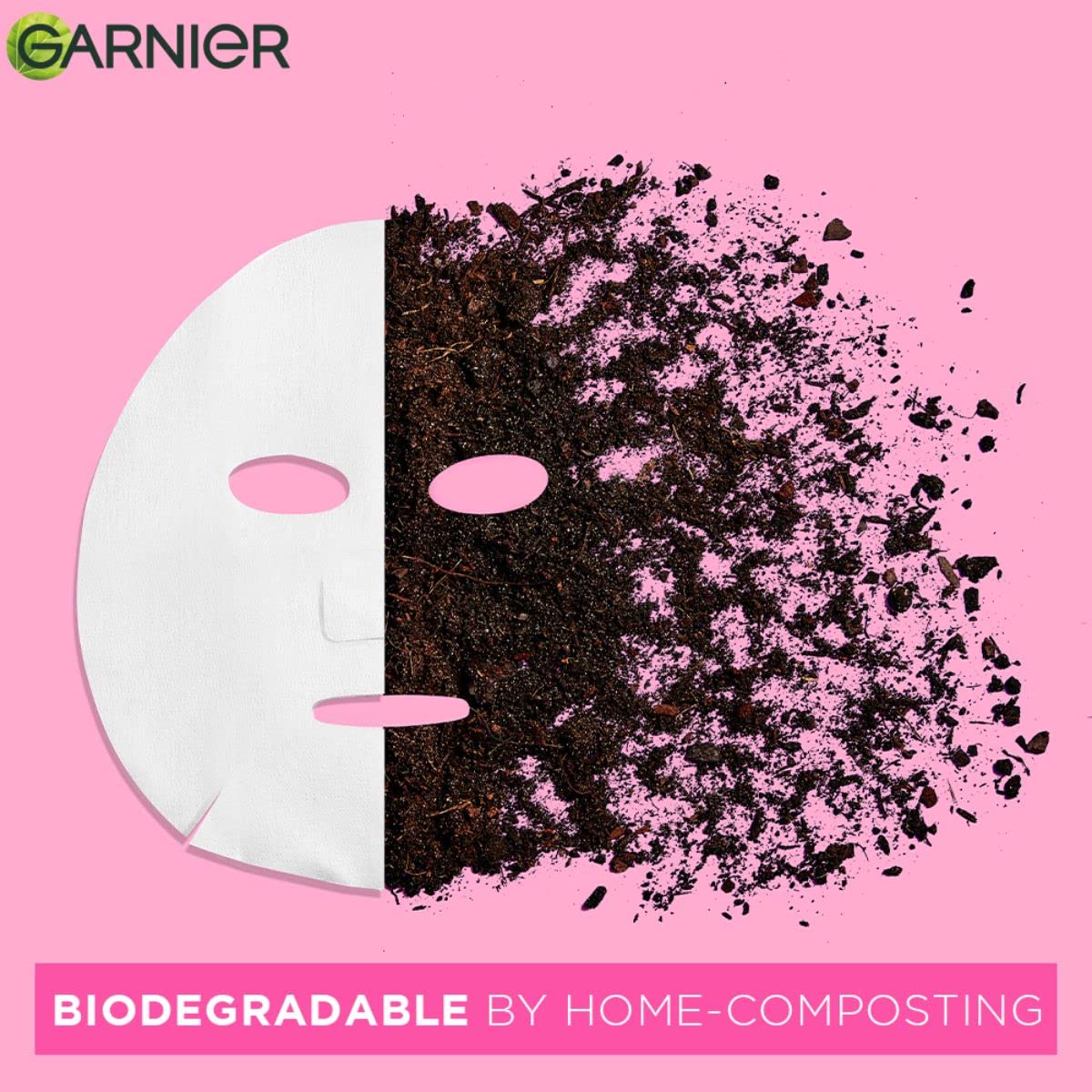 Garnier biodegradable face mask on a pink background with compostable text.