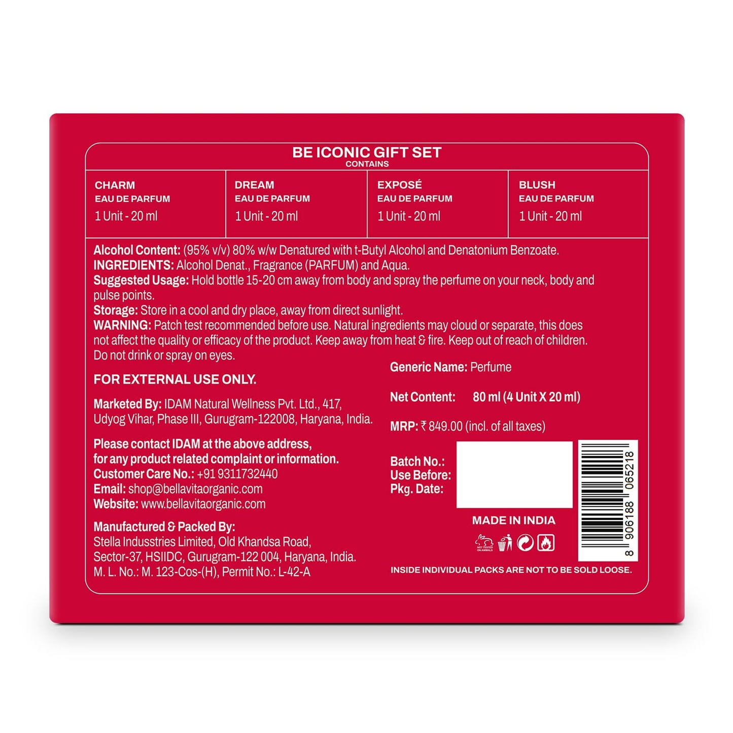 Red packaging box for a perfume gift set with text and product details.