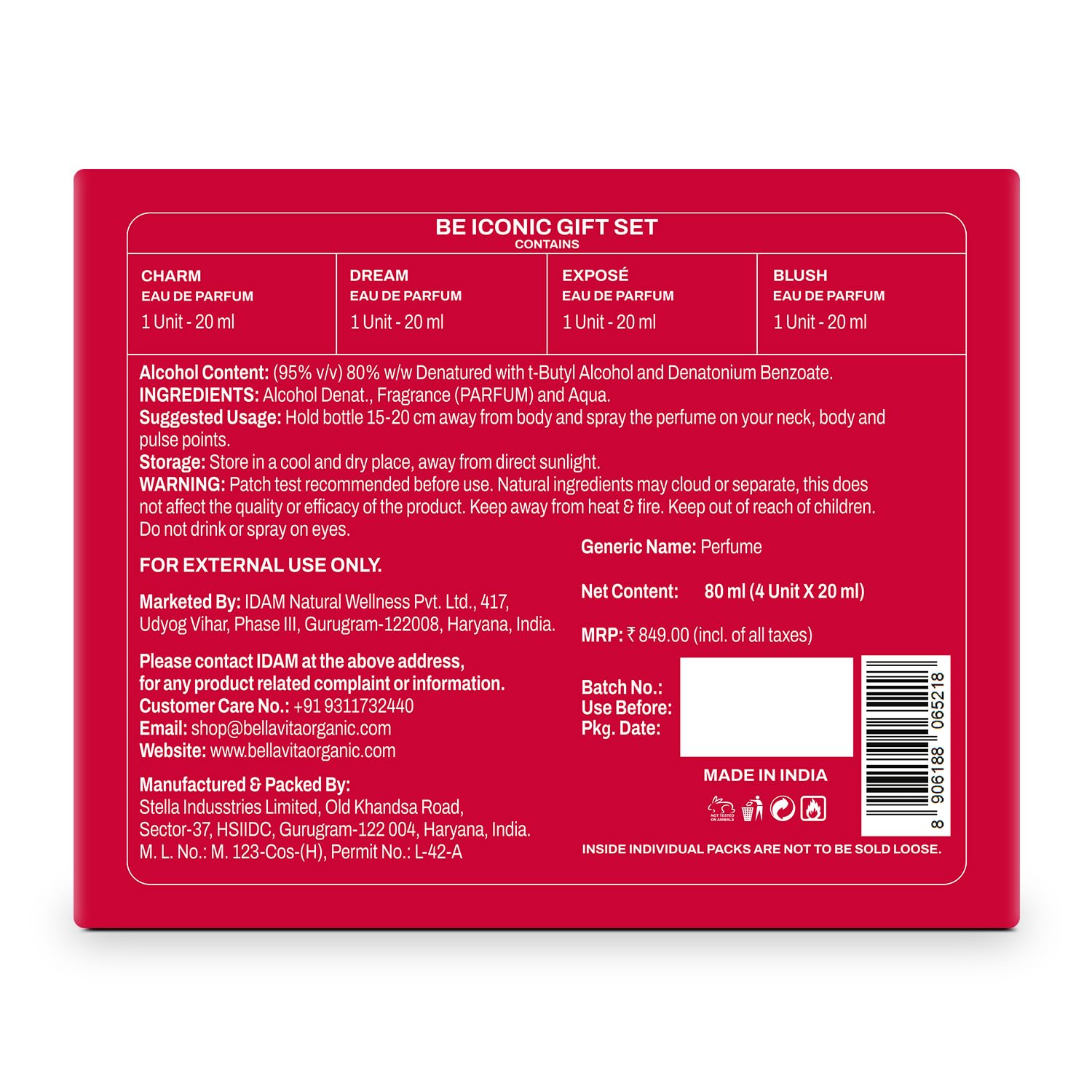 Red packaging box for a perfume gift set with text and product details.