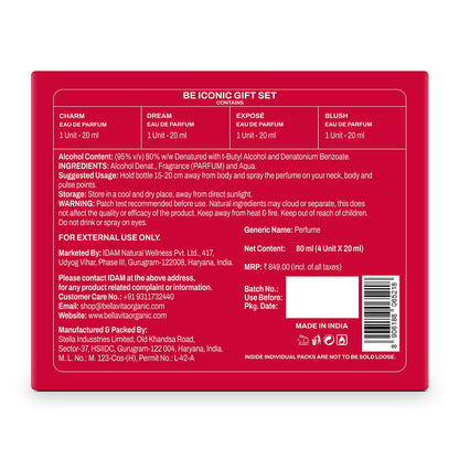 Red packaging box for a perfume gift set with text and product details.