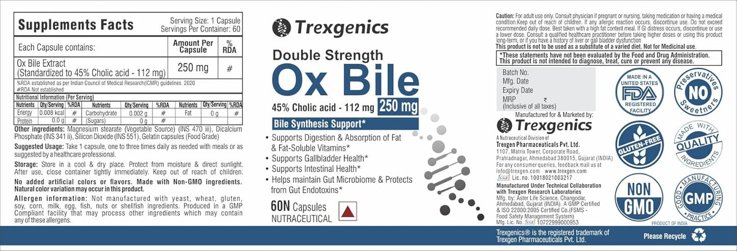 Trexgenics BILE EXTRACT 250 mg 45% Cholic acid DOUBLE STRENGTH Bile Synthesis Support (60 Vegan Capsules) (Pack of 1)