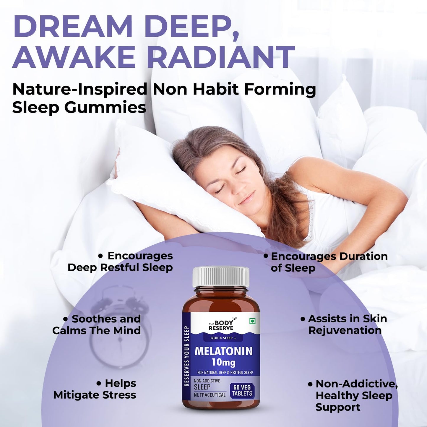 Woman sleeping with a bottle of Melatonin gummies and product details on a white background
