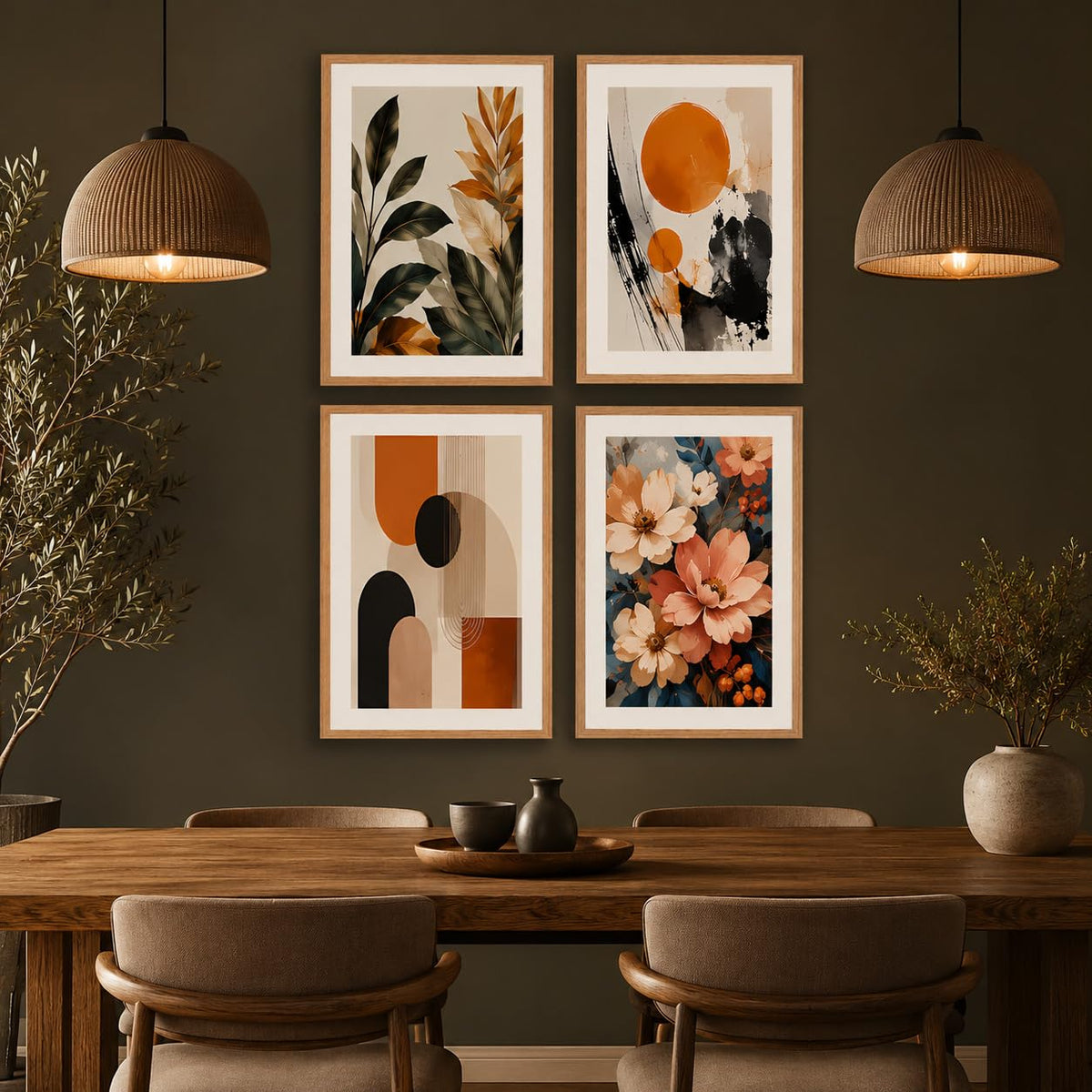 Set of 4 Botanical Floral & Geometric Abstract Wall Paintings with Sparkle Laminate and Premium Wooden Synthetic Frame for Living Room Bedroom Office Decor (13.5 x 19.5 Inch)