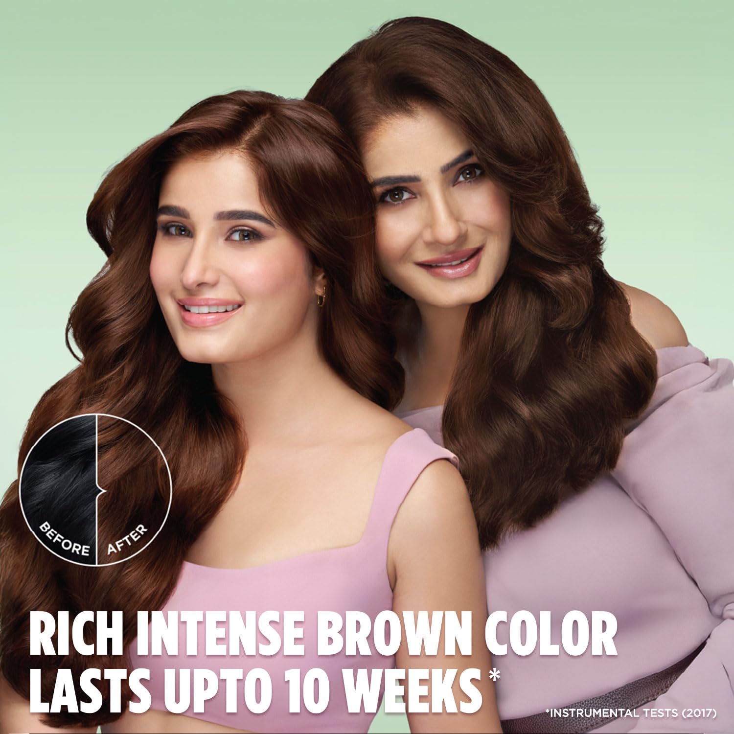 Two women with long, wavy brown hair against a light green background, promoting a hair color product.