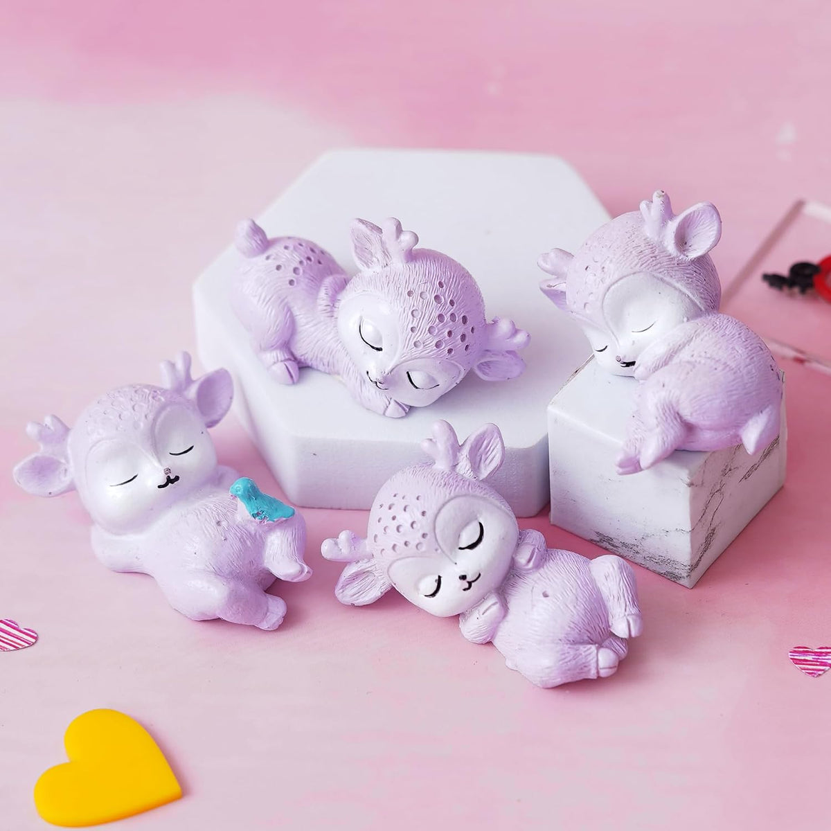 Set of 4 Miniature Cute Sleeping Deer Statues Animal Figurines Decorative Showpiece (Resin) Home Decor Valentine Gift for Girlfriend Boyfriend Husband Wife Valentine Day Decoration Items
