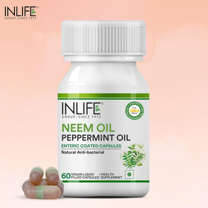 INLIFE Neem Oil 350mg with Peppermint Oil 150mg | Digestive Health & Skin, Hair Care Supplement | Enteric Coated Capsules – 60 Liquid Filled Vegetarian Capsules (Pack of 1, 60)