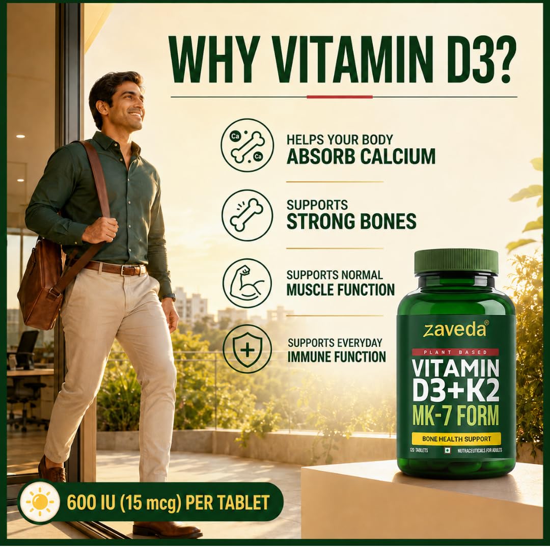 Zaveda Vitamin D3 K2 Supplement, 120 Veg Tablets Plant-Based D3 600 IU + K2 MK7, Supports Bone Strength, Calcium Absorption & Heart Health, Premium Daily Wellness