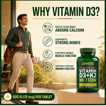 Zaveda Vitamin D3 K2 Supplement, 120 Veg Tablets Plant-Based D3 600 IU + K2 MK7, Supports Bone Strength, Calcium Absorption & Heart Health, Premium Daily Wellness