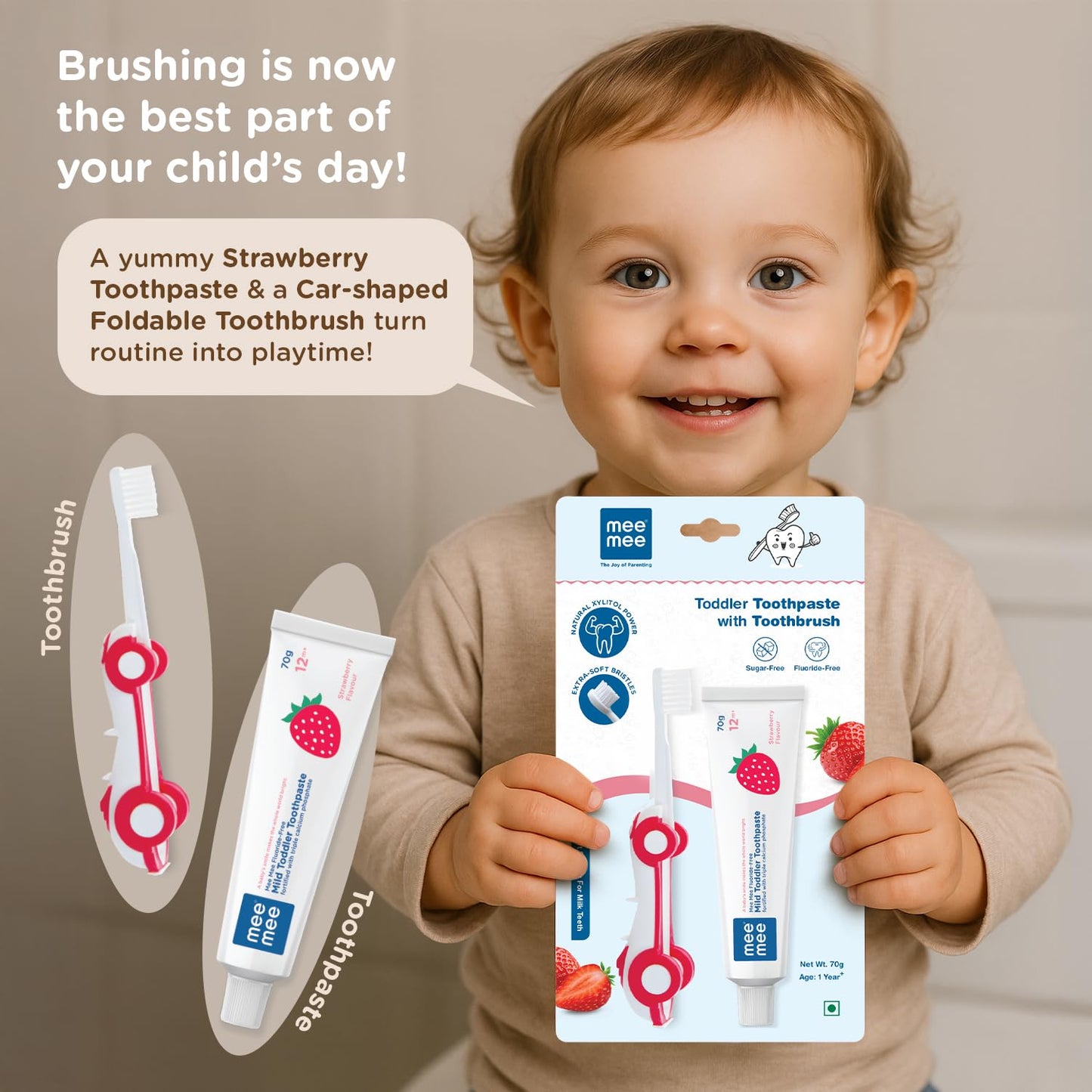 Mee Mee Kids Toothbrush & Toothpaste Combo | For Babies & Toddlers (6 Months–3 Years) | Fluoride-Free, Safe to Swallow, Strawberry Flavour, Soft Bristles, Foldable Car-Shaped Brush (Red)