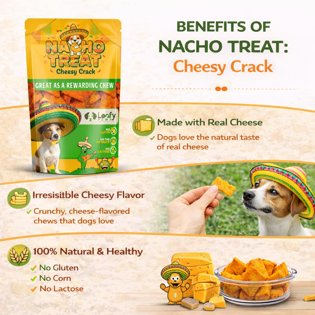 LeafyPaws Nacho Treats Dog Snacks (45g) | Natural Reward Treats for Dogs | 100% Natural Grain Free, Lactose Free, No Added Preservatives (Cheesy Crack)