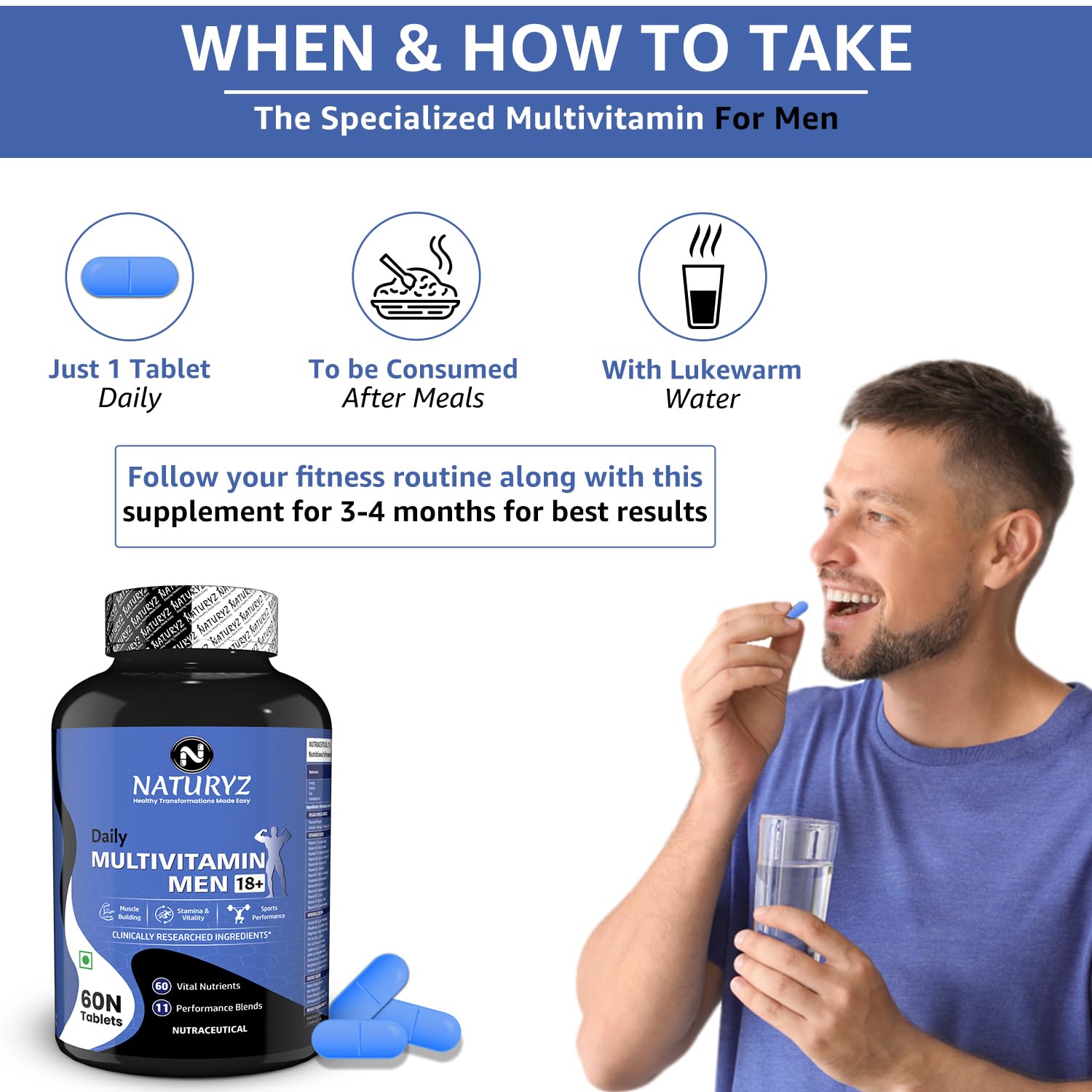 Multivitamin supplement for men with a man taking a pill and a glass of water, and text on when and how to take it.