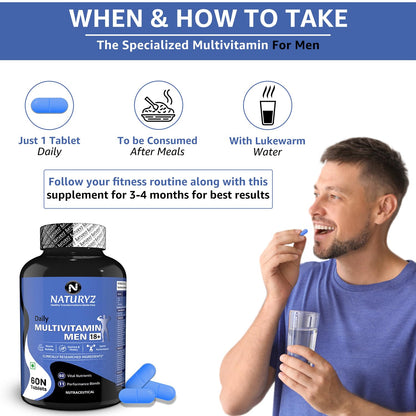 Multivitamin supplement for men with a man taking a pill and a glass of water, and text on when and how to take it.