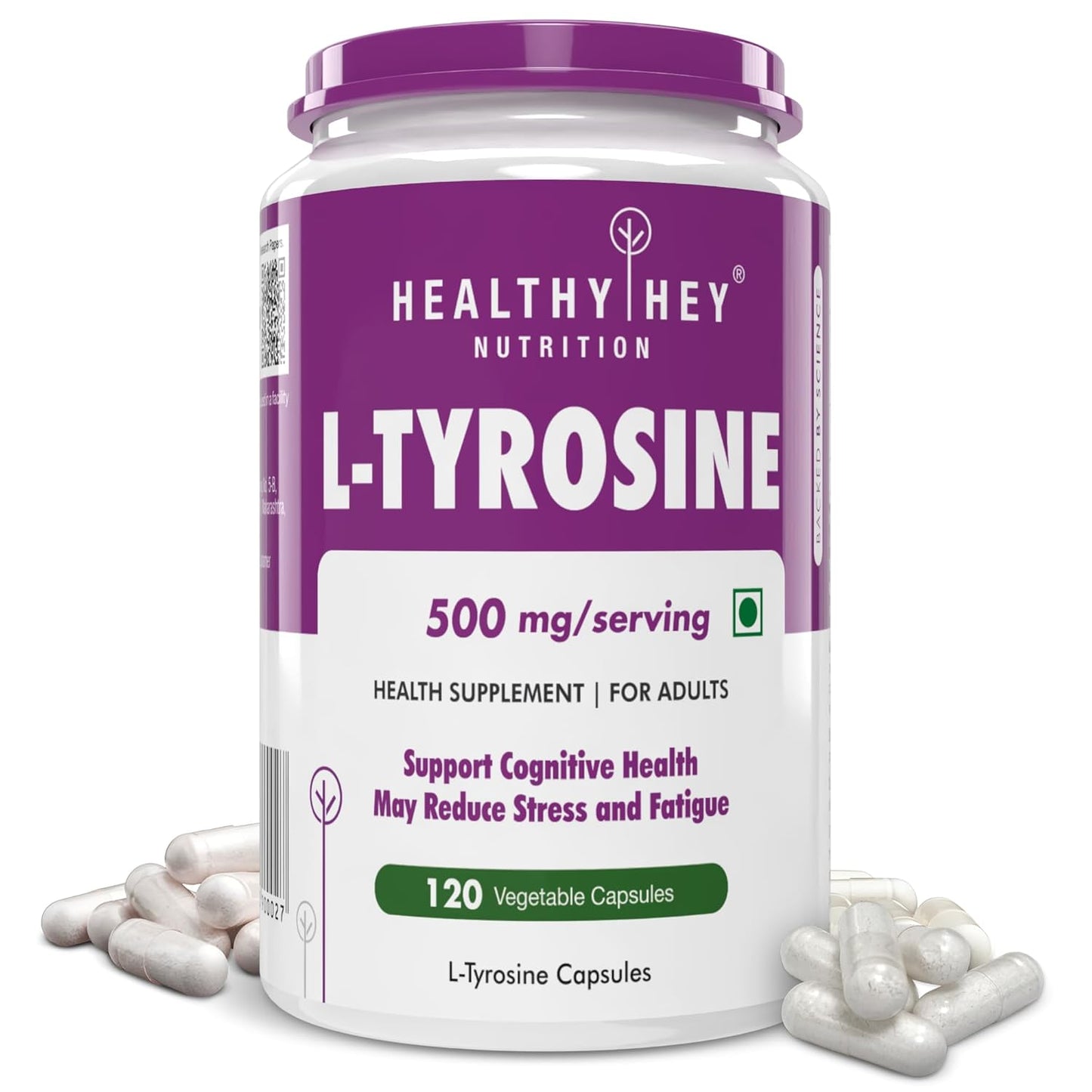 Healthy Hey Nutrition L-Tyrosine supplement container with purple lid and white body.