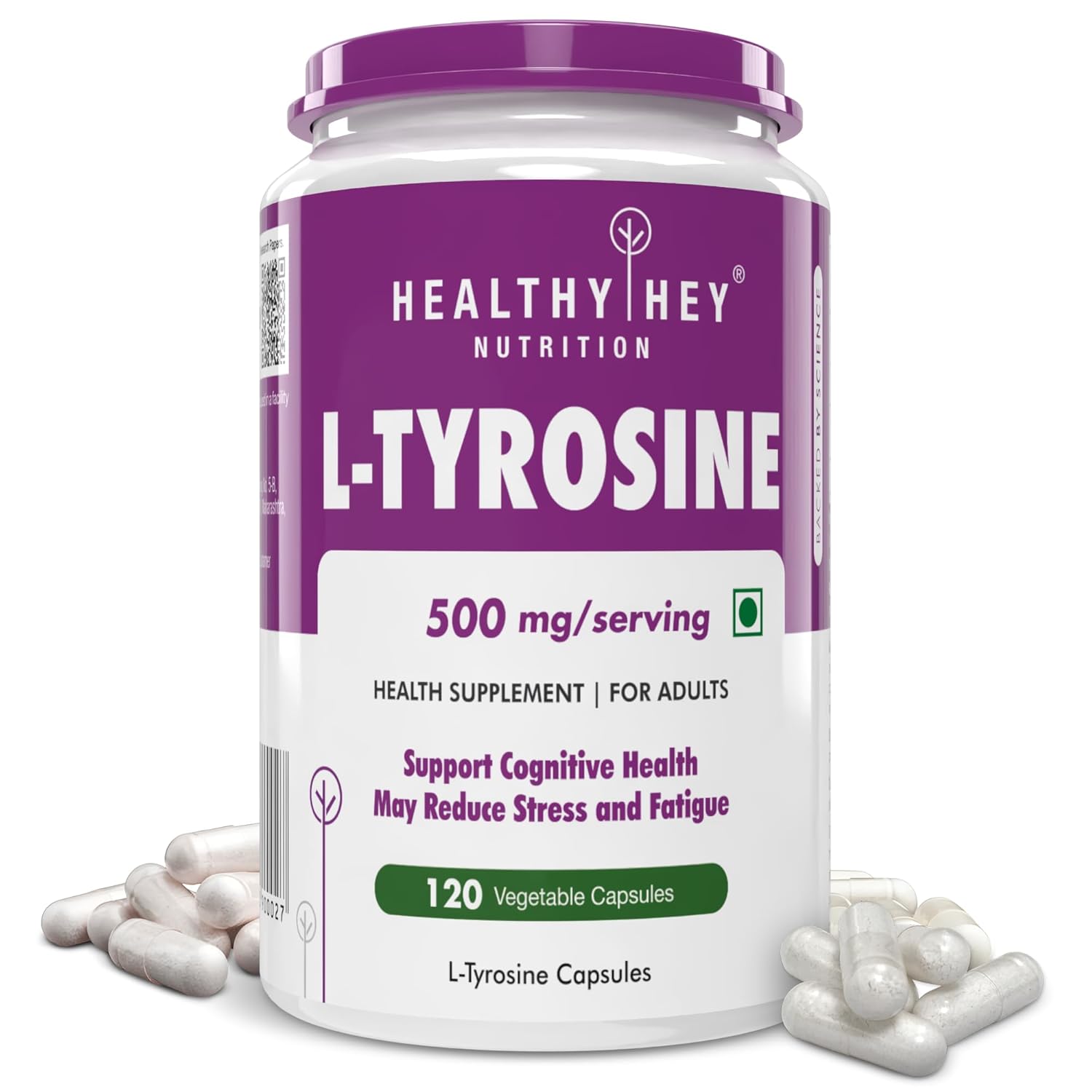 Healthy Hey Nutrition L-Tyrosine supplement container with purple lid and white body.