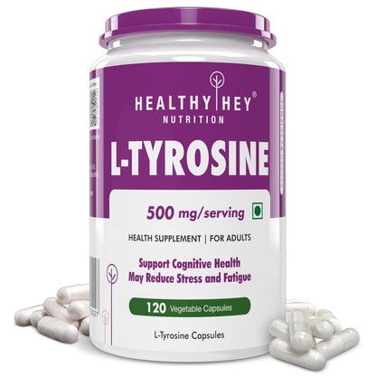 Healthy Hey Nutrition L-Tyrosine supplement container with purple lid and white body.